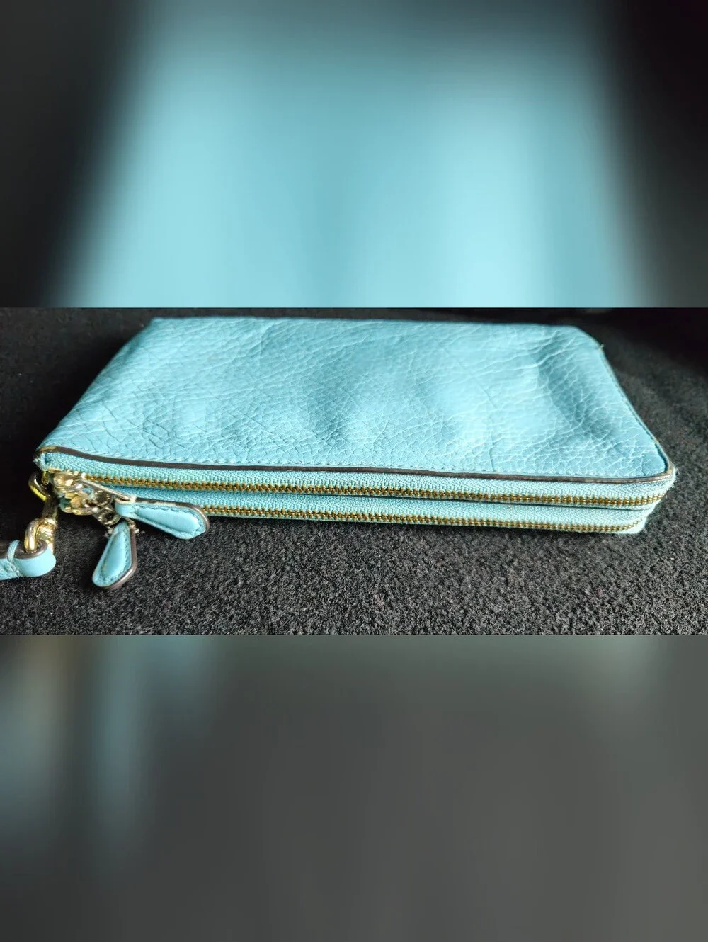 COACH Teal Blue Pebbled Leather Large Double Zipper Compartments Wristlet Clutch